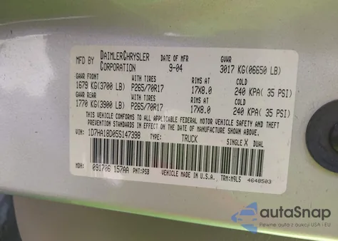 2005 Dodge Ram 1500 Slt/Laramie z USA, uszkodzony, nr VIN 1D7HA18D05S147398